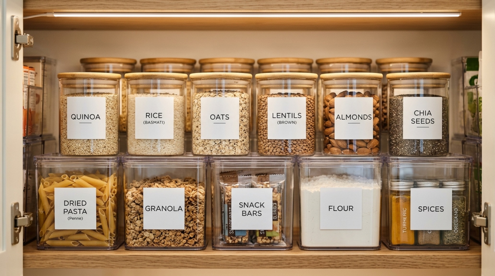 Detail shot of small pantry organization ideas featuring clear acrylic pantry storage bins and uniform glass jars on white oak shelving.
