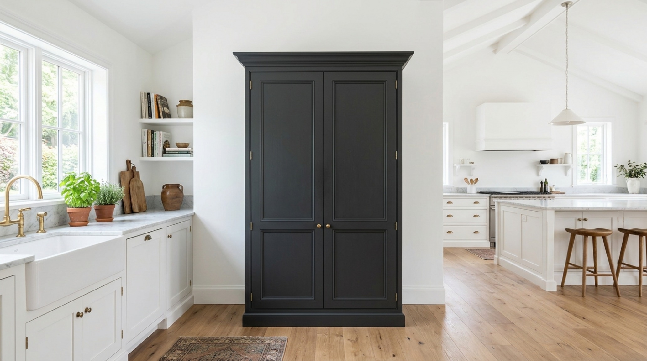 A dark charcoal standalone larder with crown molding touching a high ceiling, illustrating vertical sightline alignment against a Swiss Coffee wall.