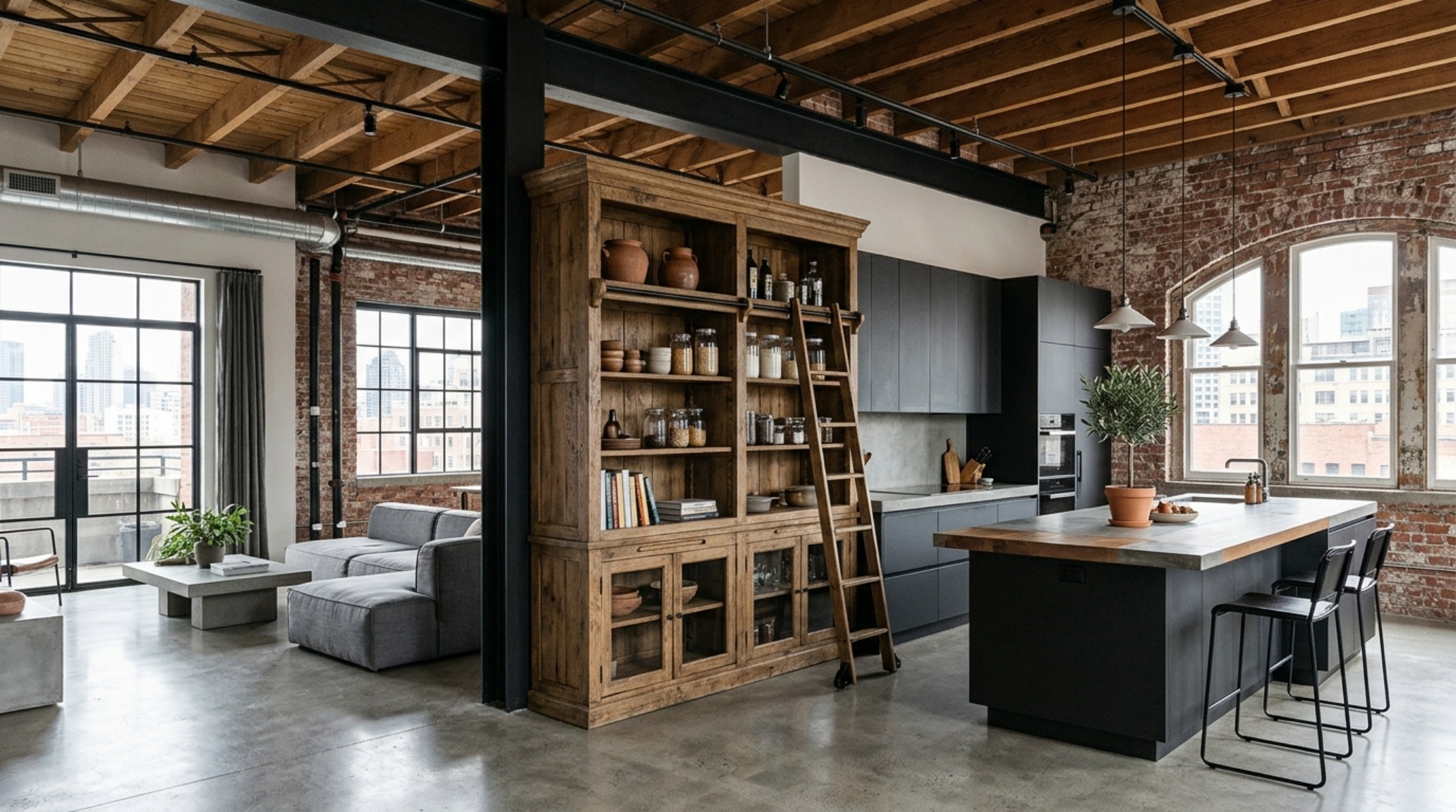 Modern minimalist kitchen featuring a freestanding kitchen pantry as a spatial anchor in an open-concept loft with 36-inch walkways.