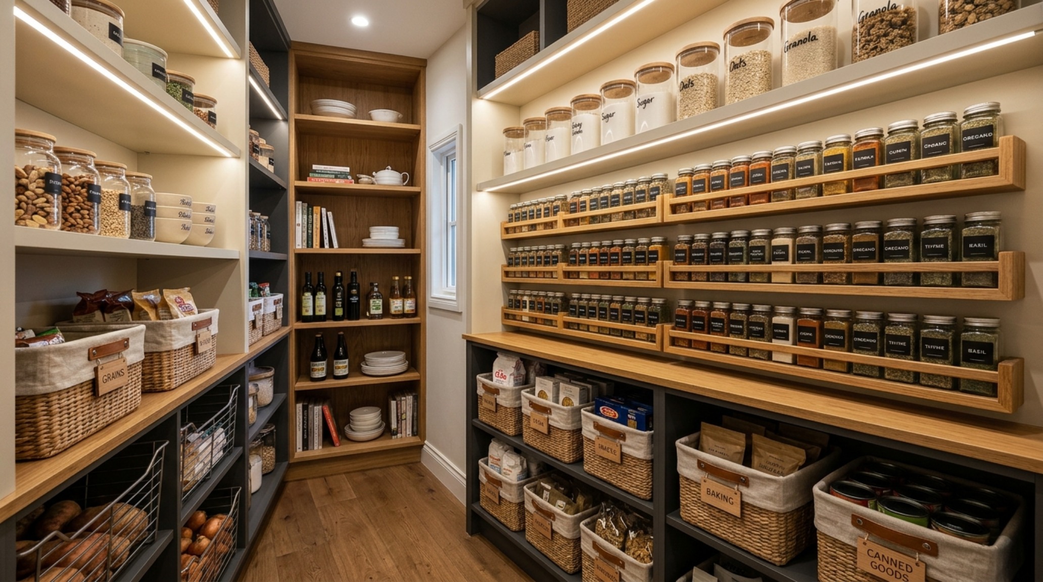 A walk in pantry organization hacks display with tiered shelving and labeled seagrass baskets in a curated pantry cabinet.
