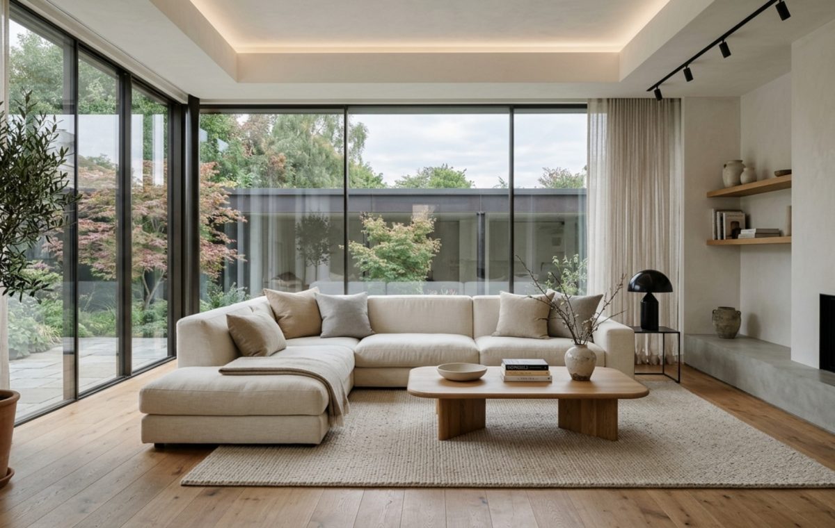 A sprawling open-concept living room featuring a low-profile linen sectional that defines the spatial volume against floor-to-ceiling windows, illustrating sofa buying guide decor ideas for large spaces.