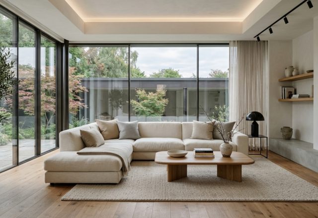 A sprawling open-concept living room featuring a low-profile linen sectional that defines the spatial volume against floor-to-ceiling windows, illustrating sofa buying guide decor ideas for large spaces.
