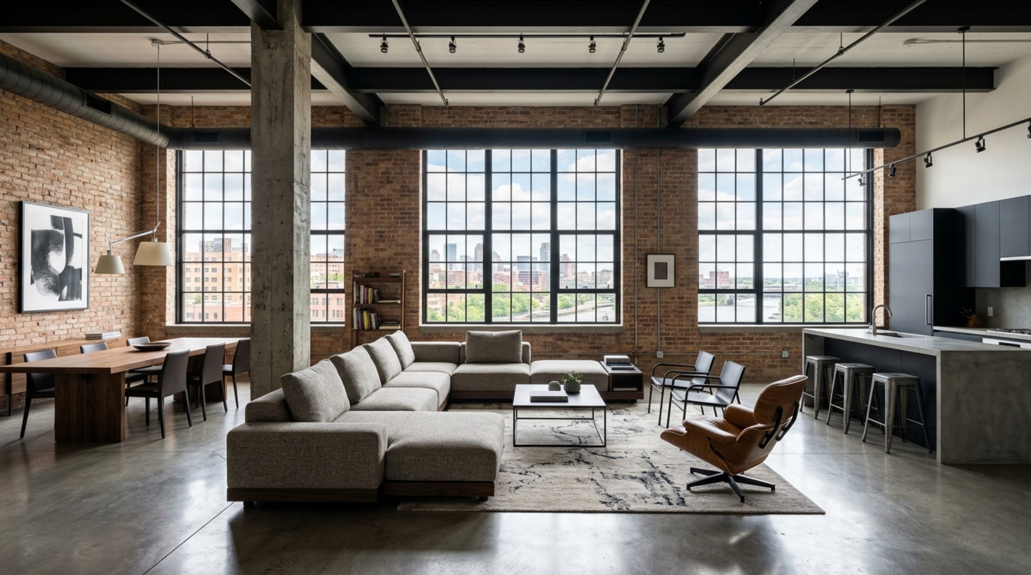 Perspective of a modular sectional used as a soft architectural boundary in a modern loft apartment, following quiet luxury design principles.
