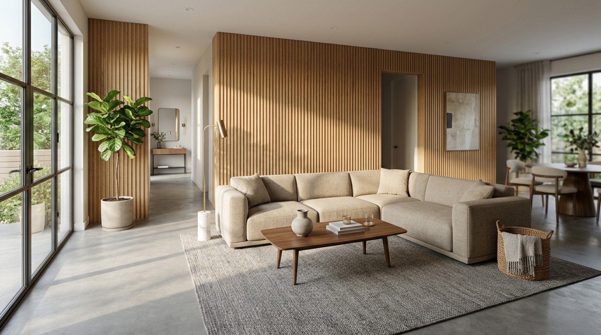 Detailed shot of a 36-inch walkway clearance between a modern sofa and a fluted oak wall, emphasizing proper living room layout ideas and spatial flow.