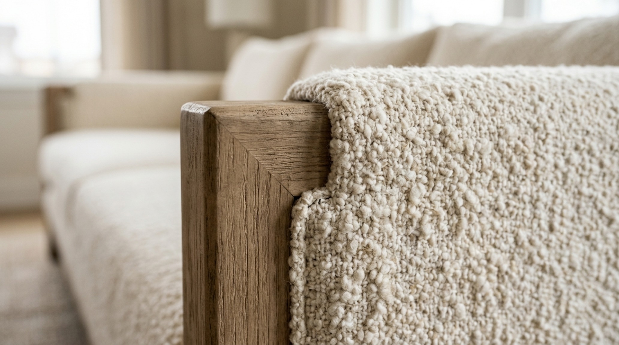 Macro view of a sofa's kiln-dried hardwood frame and high-quality performance bouclé fabric, showcasing the intersection of durability and furniture investment pieces.