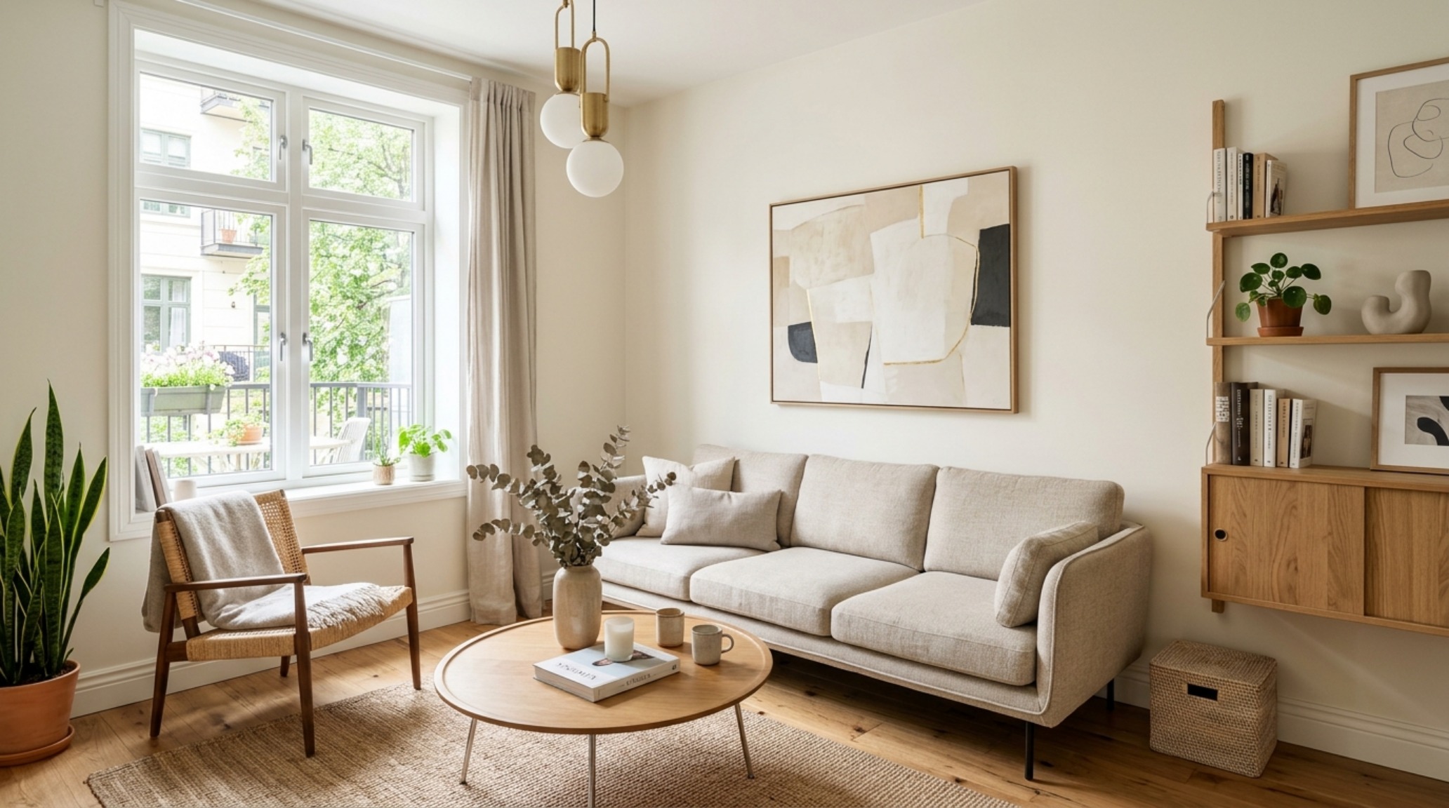 A minimalist small living room layout utilizing a leggy mid-century sofa to maximize floor visibility and create a sense of scale in a compact space.