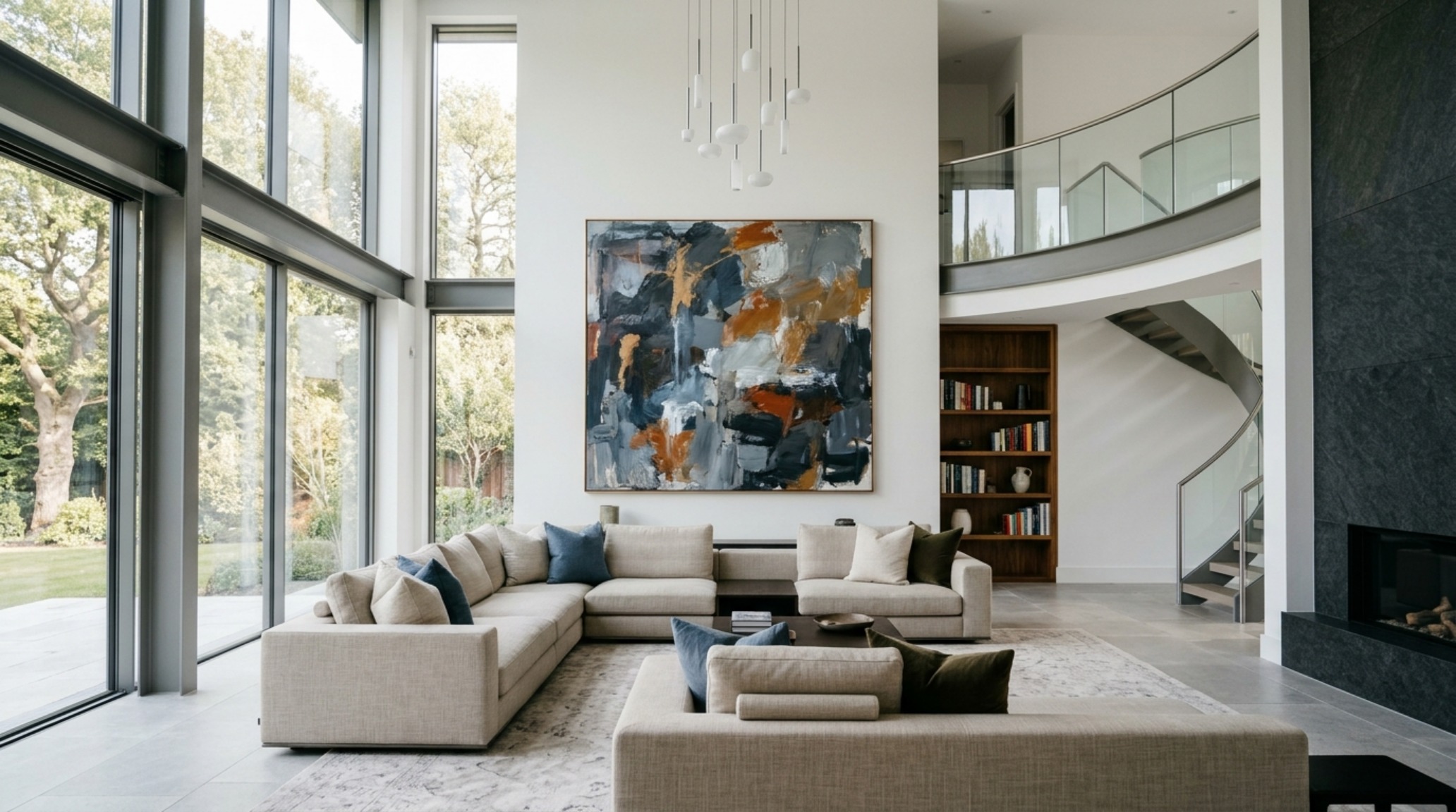 Editorial perspective of a high-back sofa anchoring a room with 12-foot ceilings, demonstrating architectural sofa dimensions and scale in vertical spaces.