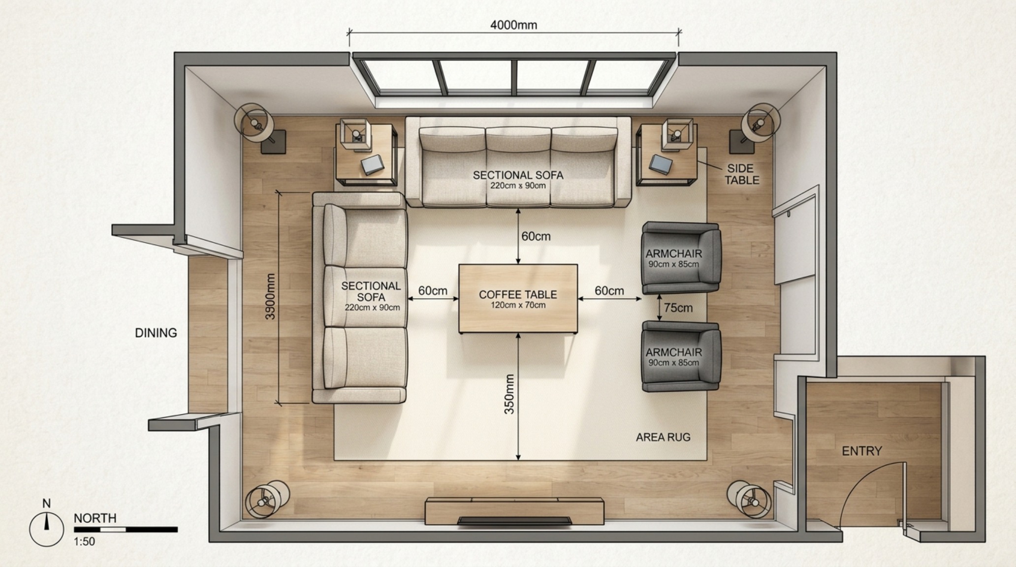 Top-down architectural view of a living room arrangement showing the 18-inch reach from a sofa to a central stone coffee table.