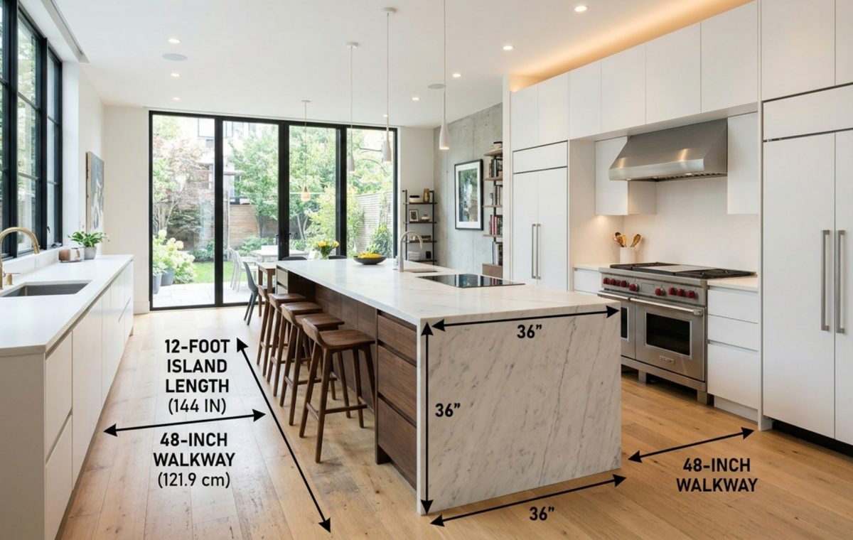 kitchen island clearance and dimensions featuring a 14-foot honed marble monolith with 48-inch walkways in a sun-drenched modern kitchen