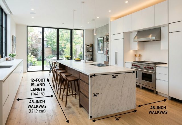 kitchen island clearance and dimensions featuring a 14-foot honed marble monolith with 48-inch walkways in a sun-drenched modern kitchen