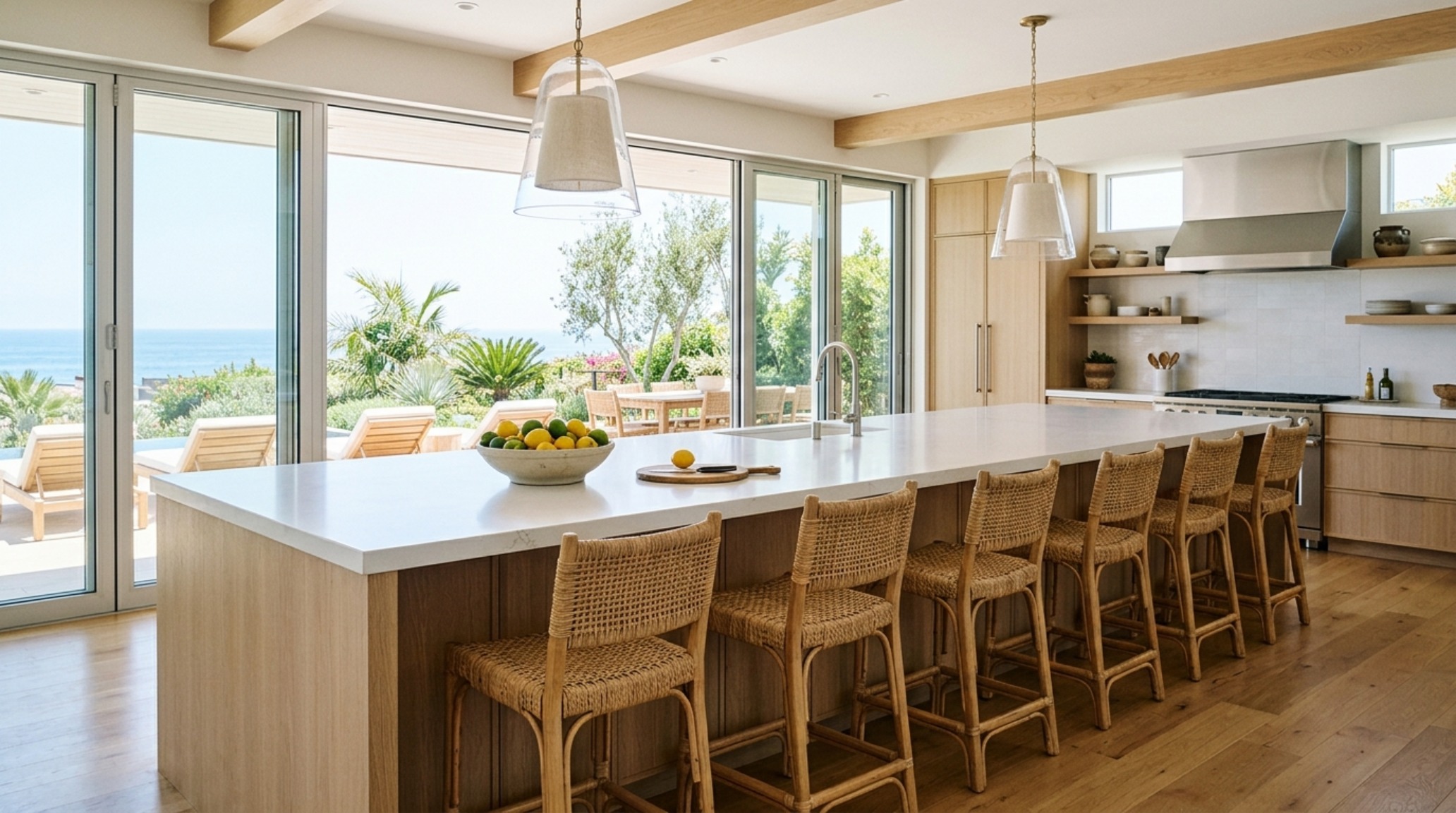 extra long kitchen island with seating including a dropped-height dining table section in light ash wood extra long kitchen island with seating including a dropped-height dining table section in light ash wood