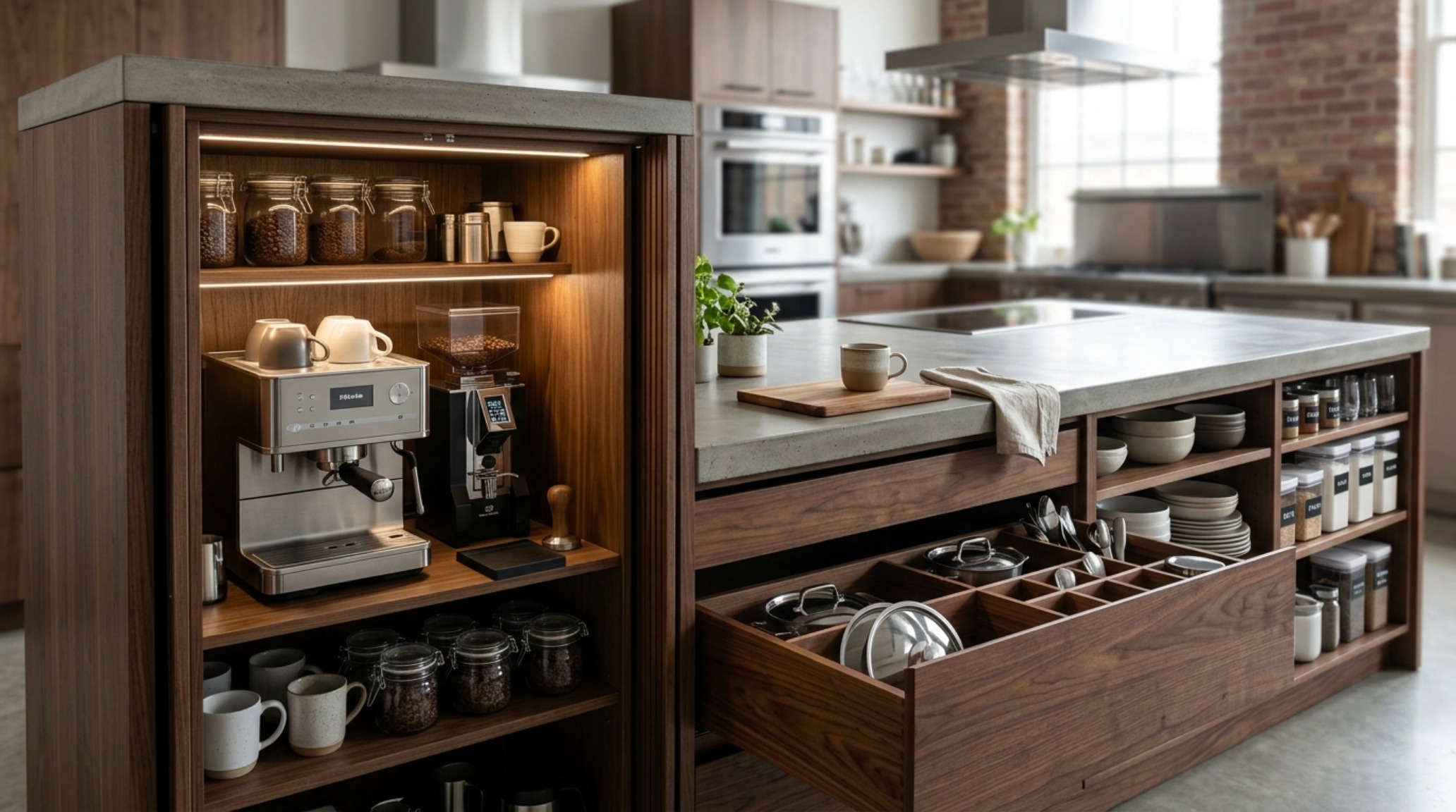 multi-level kitchen island storage featuring a hidden pop-up power station and specialized appliance drawers multi-level kitchen island storage featuring a hidden pop-up power station and specialized appliance drawers
