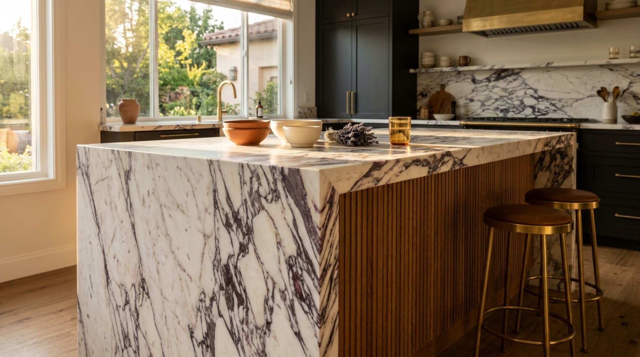 luxury waterfall edge island designs showcasing seamless Taj Mahal quartzite slabs and integrated brass cabinetry details luxury waterfall edge island designs showcasing seamless Taj Mahal quartzite slabs and integrated brass cabinetry details