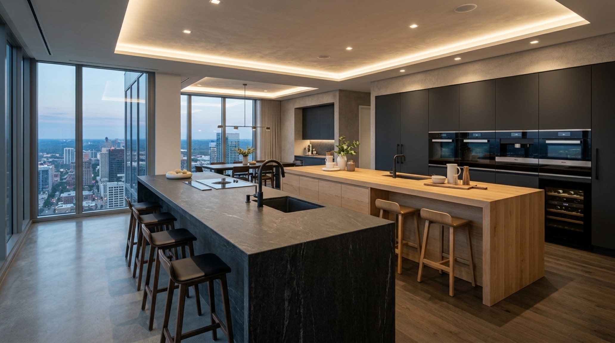 double kitchen island layout ideas with one island for culinary prep and a second fluted oak island for social gathering double kitchen island layout ideas with one island for culinary prep and a second fluted oak island for social gathering