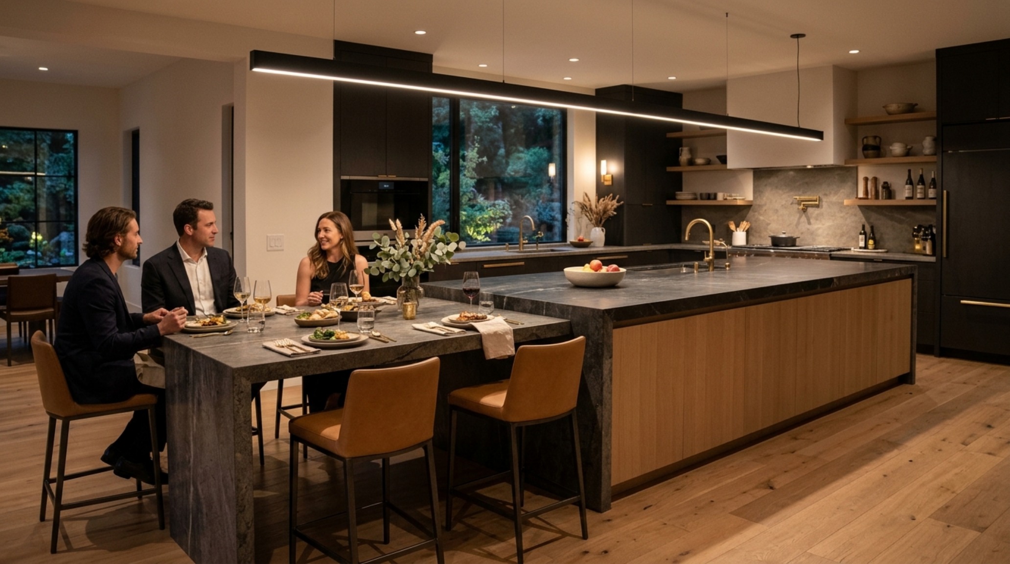 extra long kitchen island with seating featuring leather stools and a dramatic linear pendant light in an open-concept estate extra long kitchen island with seating featuring leather stools and a dramatic linear pendant light in an open-concept estate