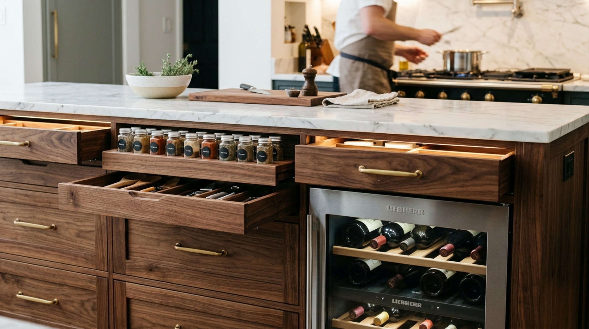 multi-level kitchen island storage with custom walnut drawer inserts and integrated sub-zero wine refrigeration multi-level kitchen island storage with custom walnut drawer inserts and integrated sub-zero wine refrigeration