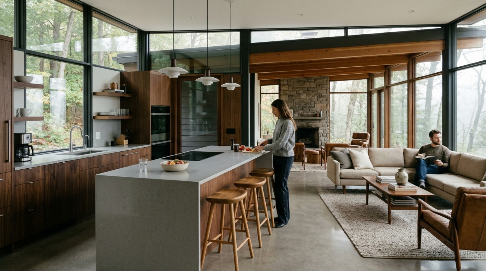 modern open-concept kitchen islands anchoring a vast living space with consistent white oak flooring and minimalist aesthetics modern open-concept kitchen islands anchoring a vast living space with consistent white oak flooring and minimalist aesthetics