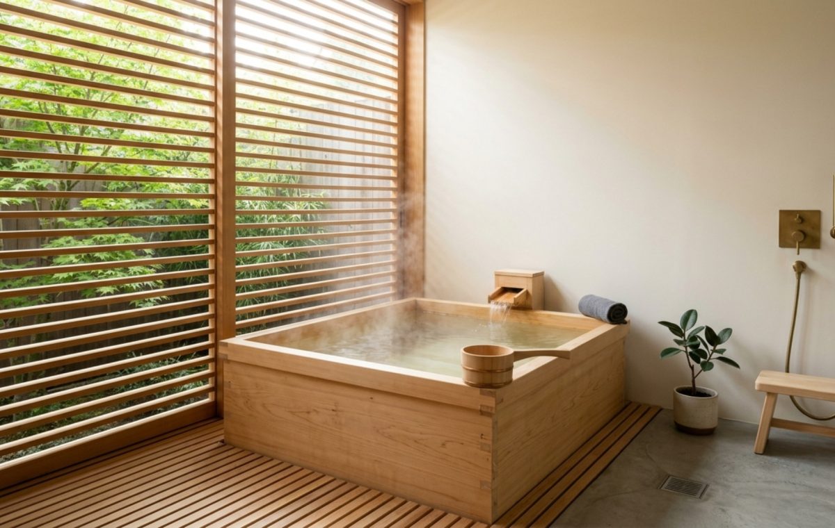 A stunning Japanese Ofuro tub made of Hinoki wood positioned by a large window with soft 2700K lighting, showcasing home spas wooden bathtubs decor ideas.