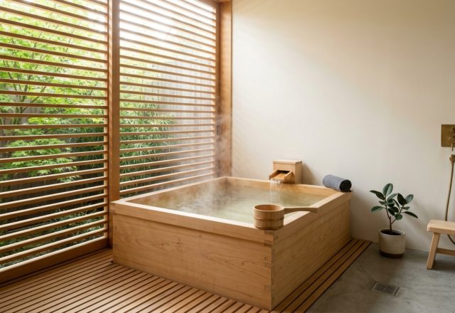 A stunning Japanese Ofuro tub made of Hinoki wood positioned by a large window with soft 2700K lighting, showcasing home spas wooden bathtubs decor ideas.