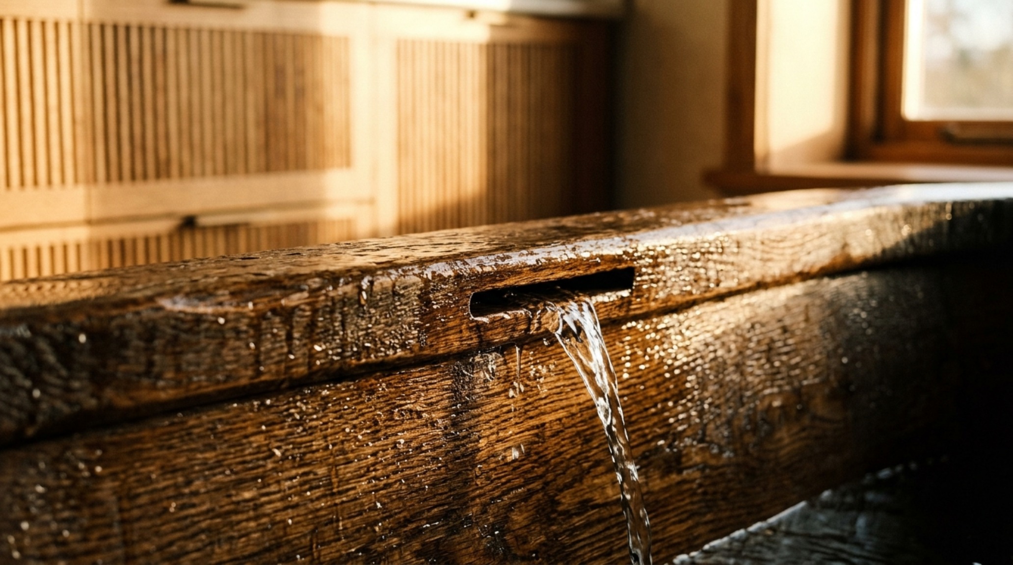 Macro shot of water rippling in a wooden bathtub with steam rising, illuminated by warm directional lighting in a luxury spa bathroom design.