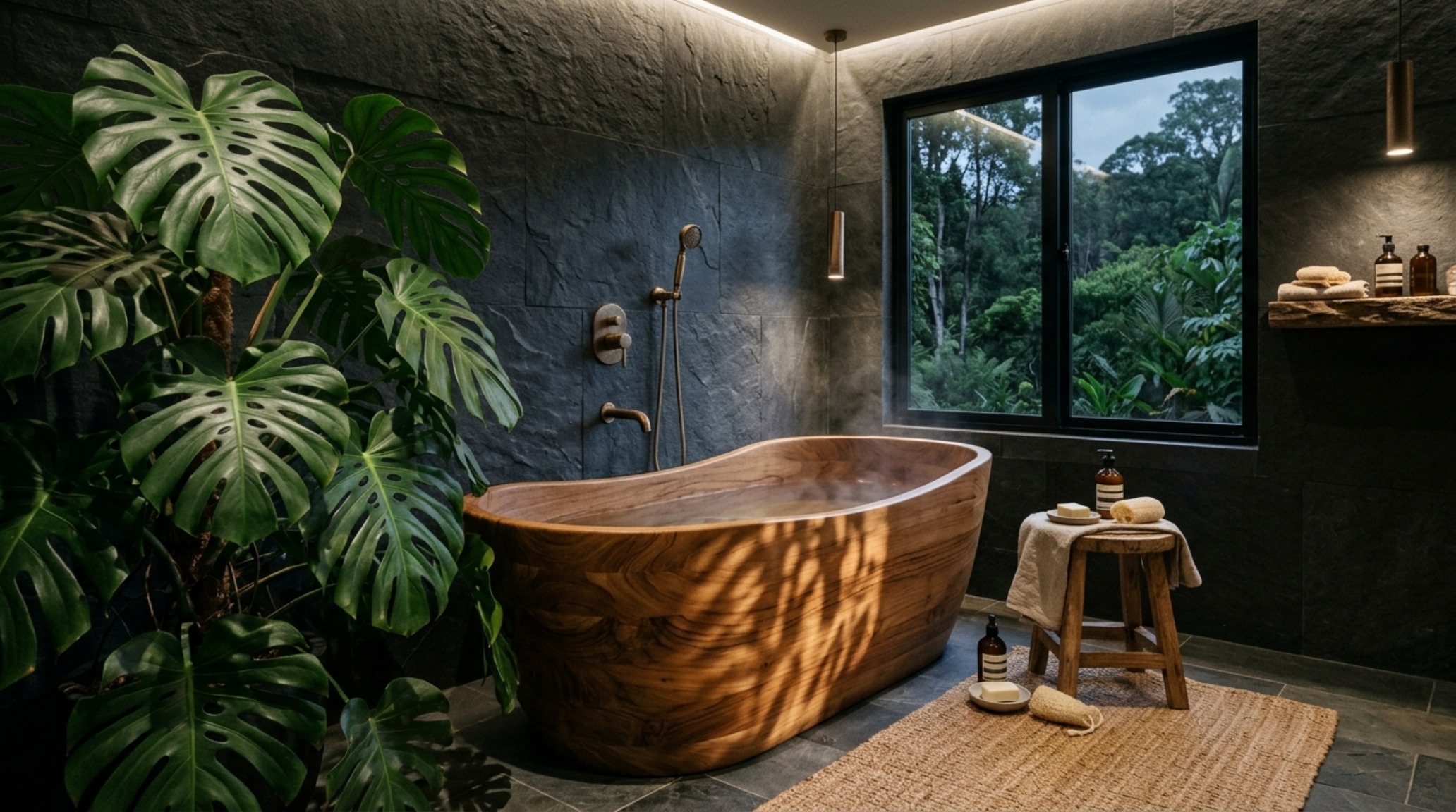 Biophilic bathroom decor with wood accents showcasing a sustainable teak bath surrounded by lush indoor greenery and natural slate charcoal tiles.
