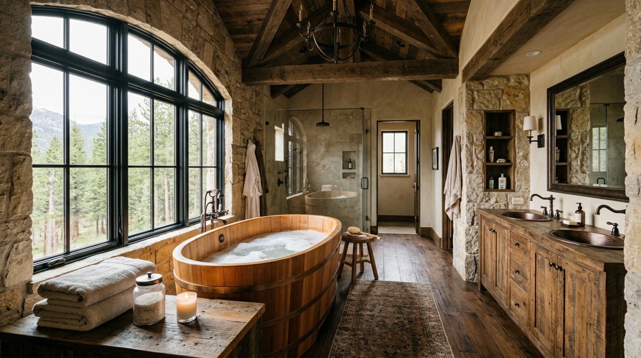 Rustic luxury master suite spa featuring a large rectangular cedar bathtub, exposed timber beams, and soft Farrow & Ball Setting Plaster walls.