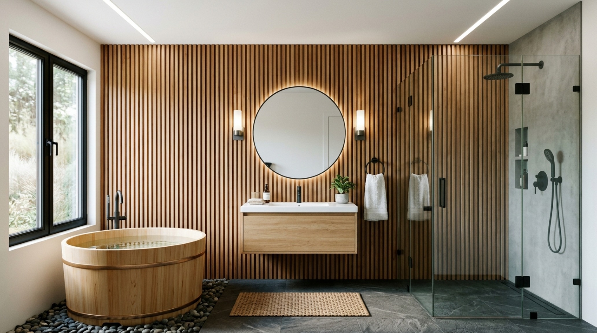 Architectural view of a wooden bathtub maintenance setup, featuring elegant glass bottles of essential oils on a floating timber shelf with high-CRI lighting.