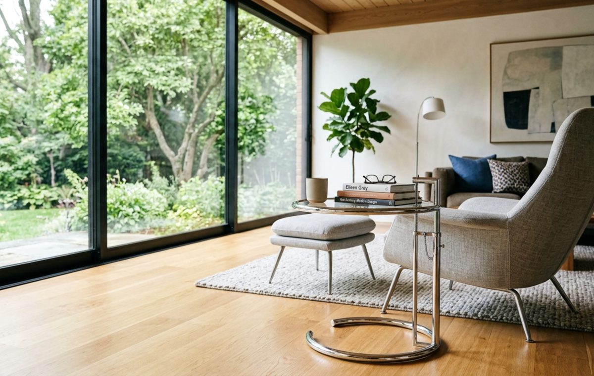adjustable height side table inspired by Eileen Gray E1027 featuring a polished chrome frame and clear glass top in a sun-drenched modernist living room