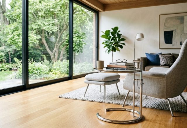 adjustable height side table inspired by Eileen Gray E1027 featuring a polished chrome frame and clear glass top in a sun-drenched modernist living room