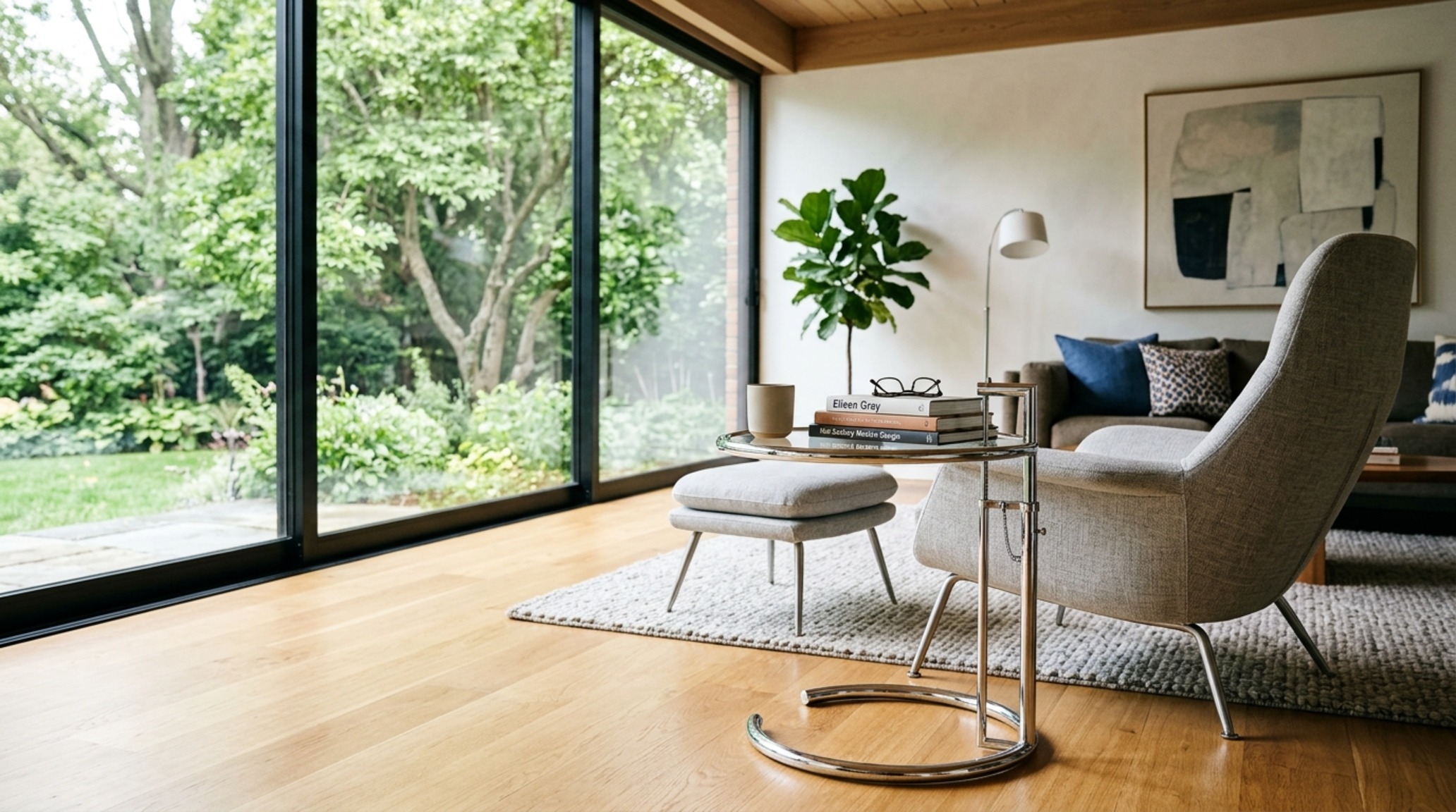 adjustable height side table inspired by Eileen Gray E1027 featuring a polished chrome frame and clear glass top in a sun-drenched modernist living room adjustable height side table inspired by Eileen Gray E1027 featuring a polished chrome frame and clear glass top in a sun-drenched modernist living room