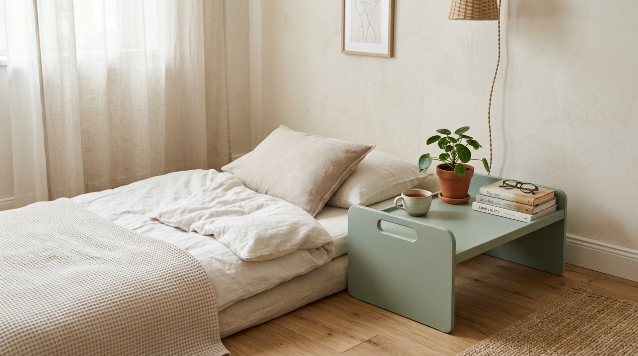 minimalist bedside tray finished in a soft matte sage green standing next to a low-slung Japanese style bed frame minimalist bedside tray finished in a soft matte sage green standing next to a low-slung Japanese style bed frame