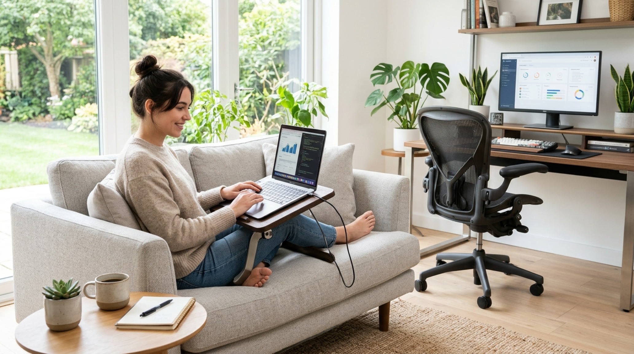 sofa laptop stand being used as a breakfast tray in a bright Scandinavian apartment with 36-inch clear walkways sofa laptop stand being used as a breakfast tray in a bright Scandinavian apartment with 36-inch clear walkways