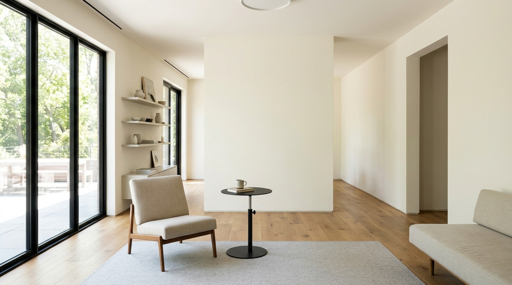 adjustable height side table showing the sleek silhouette of a cantilevered frame against a backdrop of Benjamin Moore Swiss Coffee walls adjustable height side table showing the sleek silhouette of a cantilevered frame against a backdrop of Benjamin Moore Swiss Coffee walls