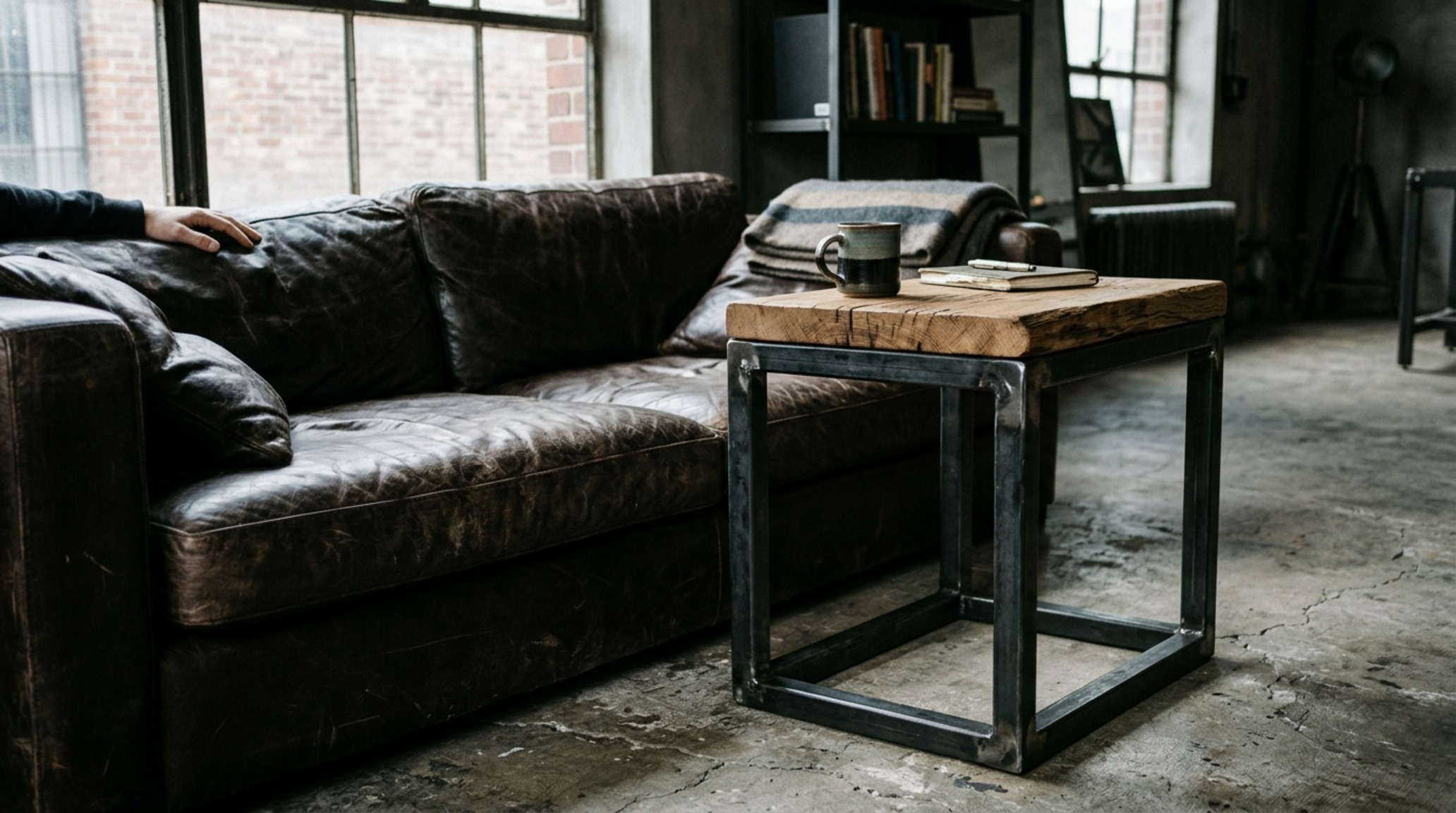 industrial metal c-table with a blackened steel finish and reclaimed wood top placed next to a charcoal leather sofa in an urban loft industrial metal c-table with a blackened steel finish and reclaimed wood top placed next to a charcoal leather sofa in an urban loft