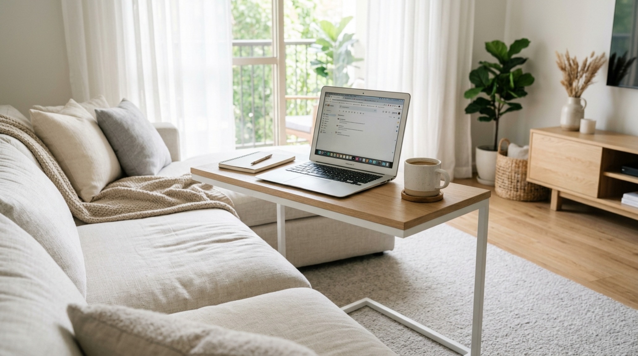 sofa laptop stand in light white oak with an adjustable height mechanism set against a neutral linen sofa and warm 2700K lighting sofa laptop stand in light white oak with an adjustable height mechanism set against a neutral linen sofa and warm 2700K lighting