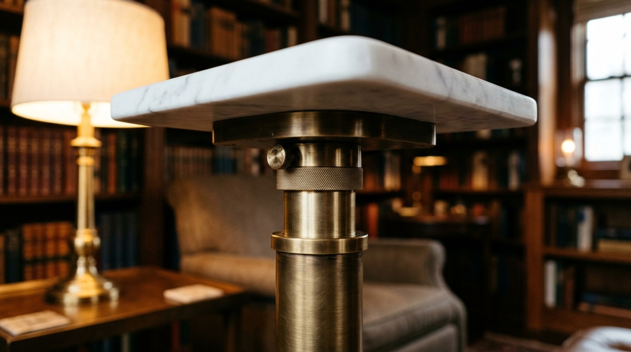 telescoping side table showing the intricate brass locking pin and fluted marble surface in a cozy reading nook telescoping side table showing the intricate brass locking pin and fluted marble surface in a cozy reading nook