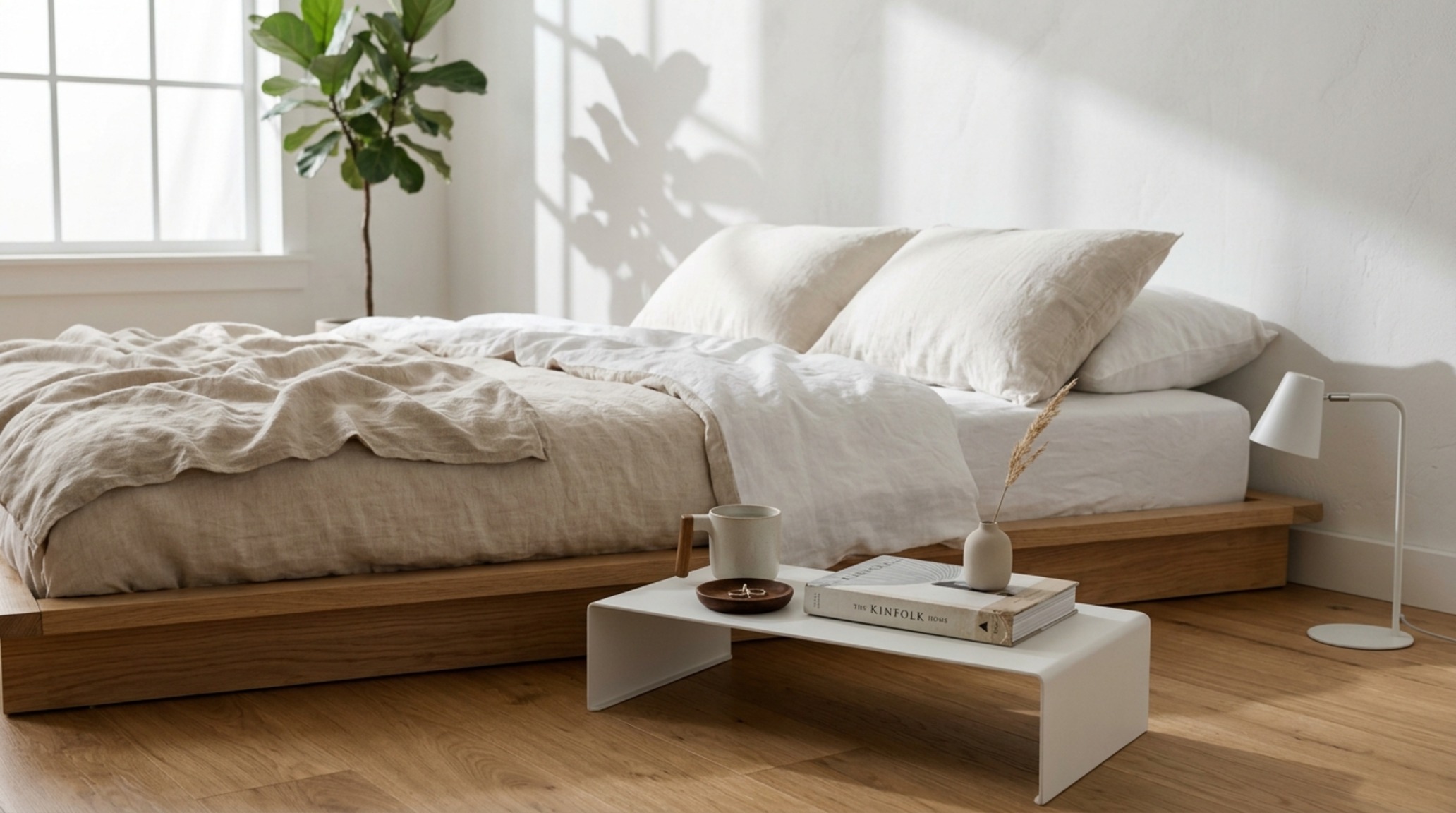 minimalist bedside tray with a low-profile white powder-coated frame positioned over a contemporary platform bed minimalist bedside tray with a low-profile white powder-coated frame positioned over a contemporary platform bed