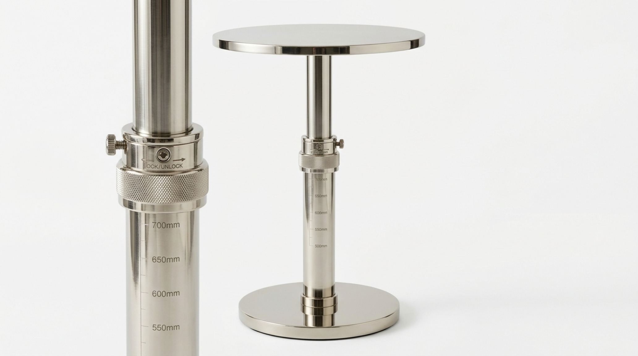 telescoping side table showing the height transition from 18 to 28 inches in a high-resolution detail shot of the metal stem telescoping side table showing the height transition from 18 to 28 inches in a high-resolution detail shot of the metal stem