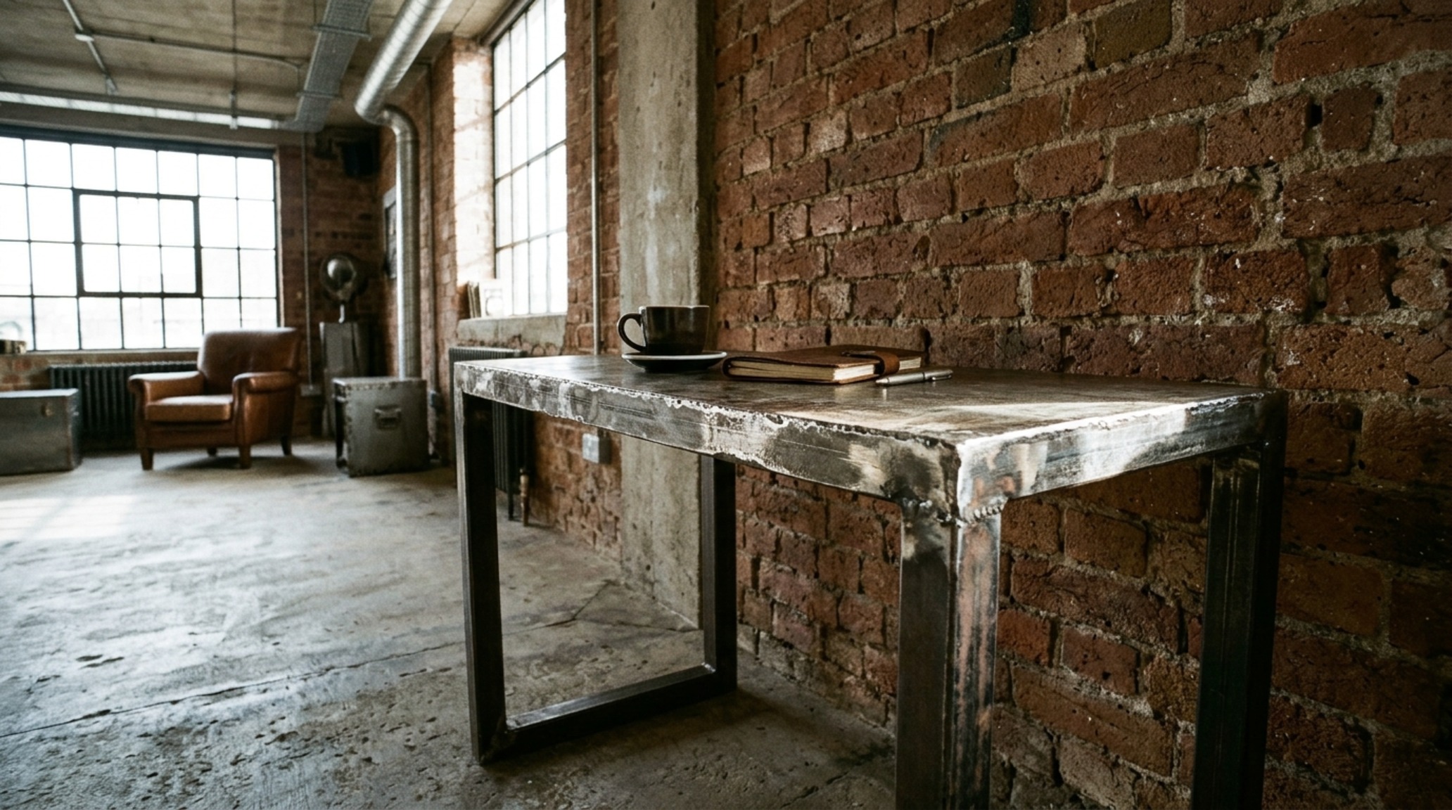 industrial metal c-table with hand-welded joints and a honed slate top reflecting natural light from a large warehouse window industrial metal c-table with hand-welded joints and a honed slate top reflecting natural light from a large warehouse window