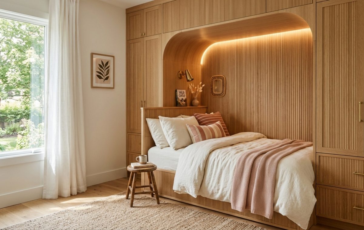 cute bedroom ideas for girls featuring a bespoke built-in alcove bed with integrated warm LED lighting and fluted white oak cabinetry.