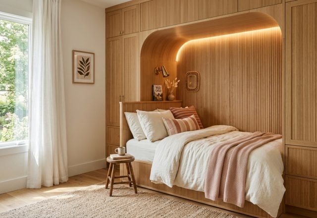 cute bedroom ideas for girls featuring a bespoke built-in alcove bed with integrated warm LED lighting and fluted white oak cabinetry.