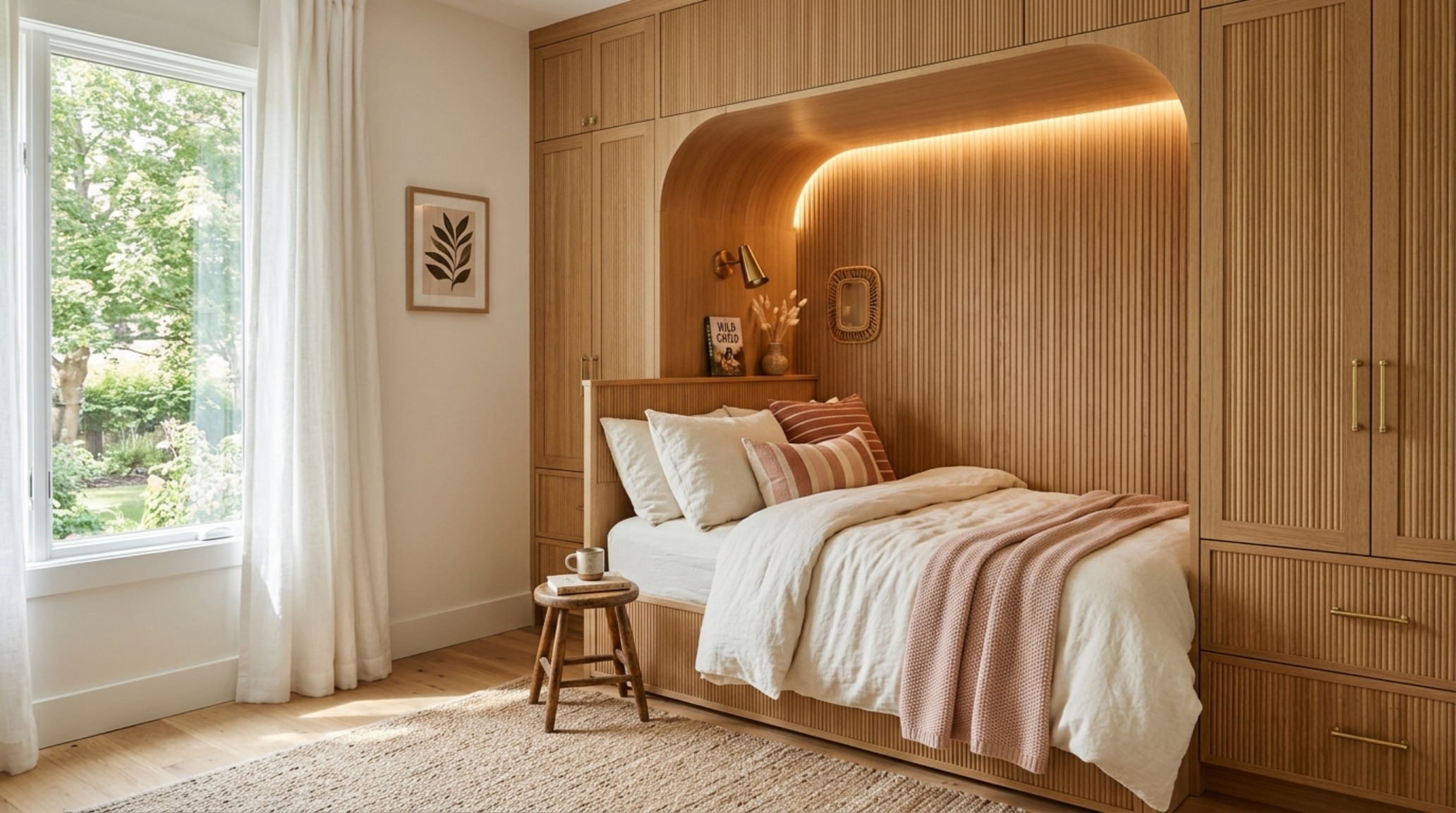 cute bedroom ideas for girls featuring a bespoke built-in alcove bed with integrated warm LED lighting and fluted white oak cabinetry. cute bedroom ideas for girls featuring a bespoke built-in alcove bed with integrated warm LED lighting and fluted white oak cabinetry.