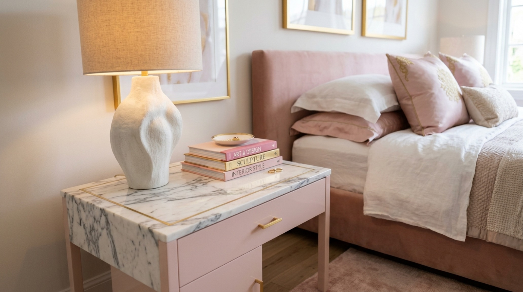 pink and gold bedroom theme with a custom marble-topped nightstand featuring a slim gold inlay and a sculptural ceramic bedside lamp. pink and gold bedroom theme with a custom marble-topped nightstand featuring a slim gold inlay and a sculptural ceramic bedside lamp.