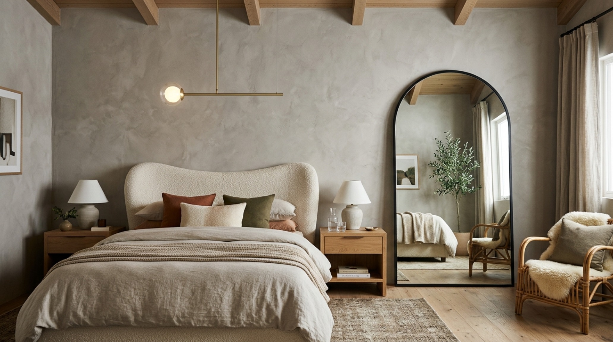 aesthetic bedroom for teens with a boucle upholstered headboard and a minimalist brass pendant light against a soft plaster-finish wall. aesthetic bedroom for teens with a boucle upholstered headboard and a minimalist brass pendant light against a soft plaster-finish wall.