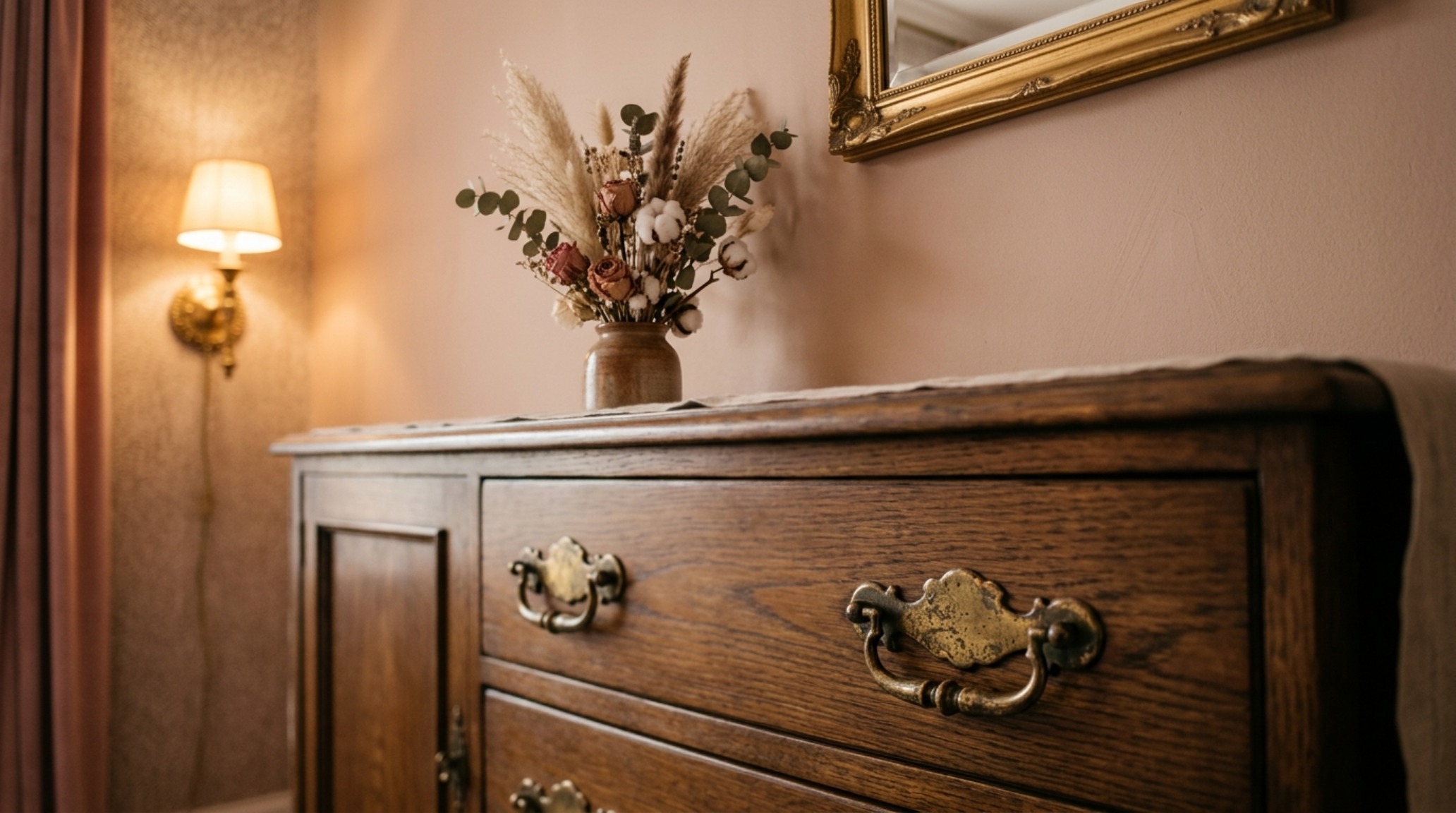 pink and gold bedroom theme executed with Farrow and Ball Setting Plaster walls and unlacquered brass hardware on a vintage dresser. pink and gold bedroom theme executed with Farrow and Ball Setting Plaster walls and unlacquered brass hardware on a vintage dresser.