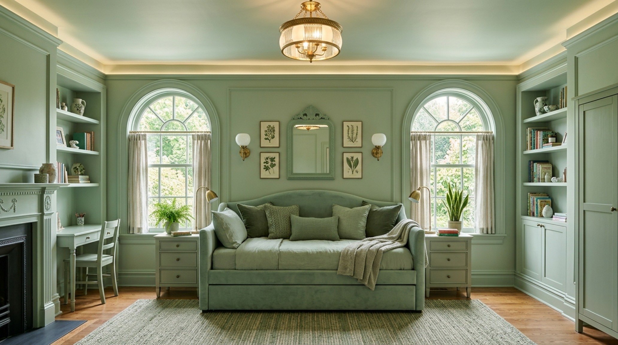 girls room paint colors demonstrated through a monochromatic color-drenched nook in a soft sage green with matching velvet textiles. girls room paint colors demonstrated through a monochromatic color-drenched nook in a soft sage green with matching velvet textiles.
