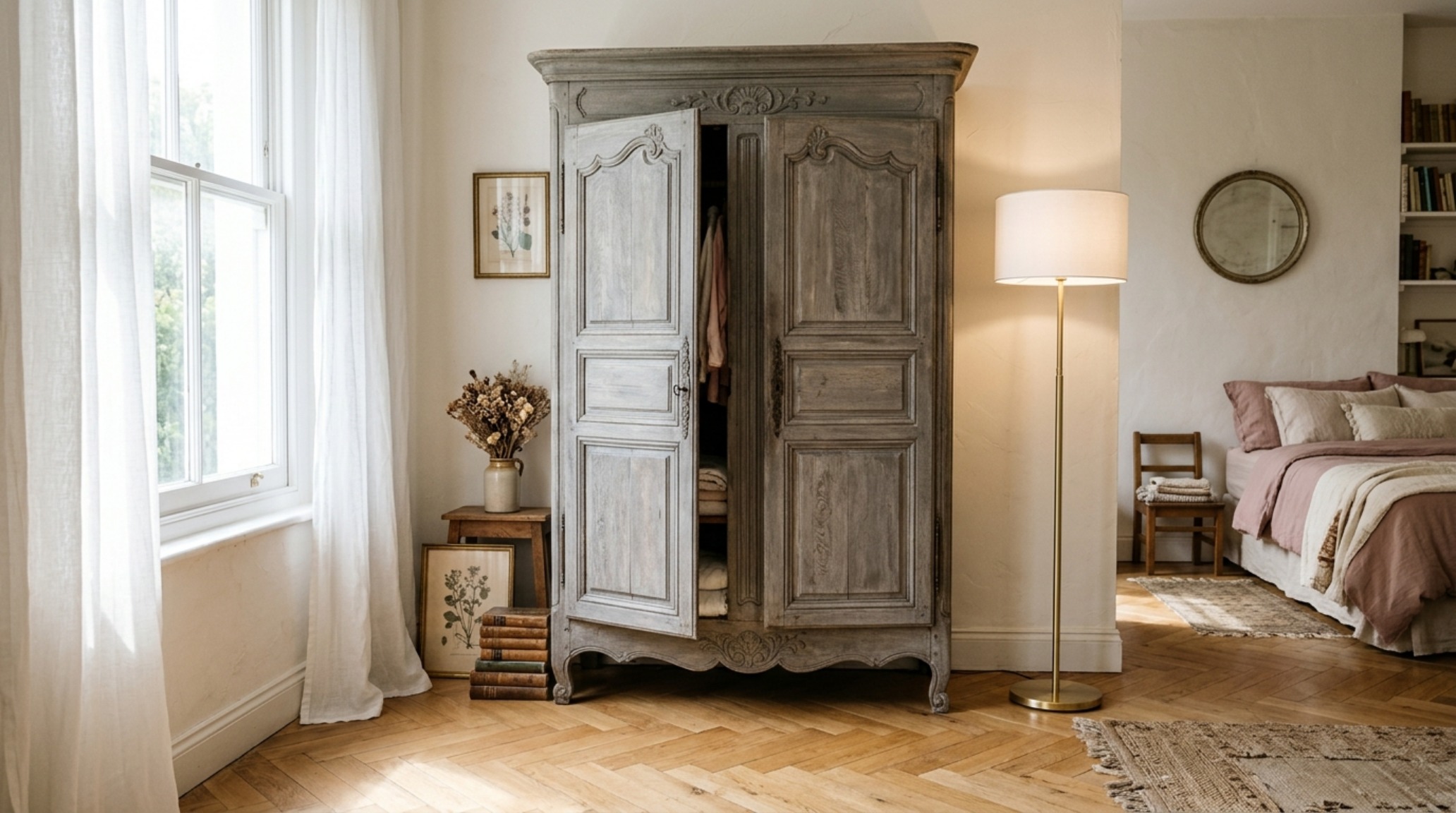 vintage girl room decor featuring a curated antique French armoire repurposed for storage alongside a modern linen-covered accent chair. vintage girl room decor featuring a curated antique French armoire repurposed for storage alongside a modern linen-covered accent chair.