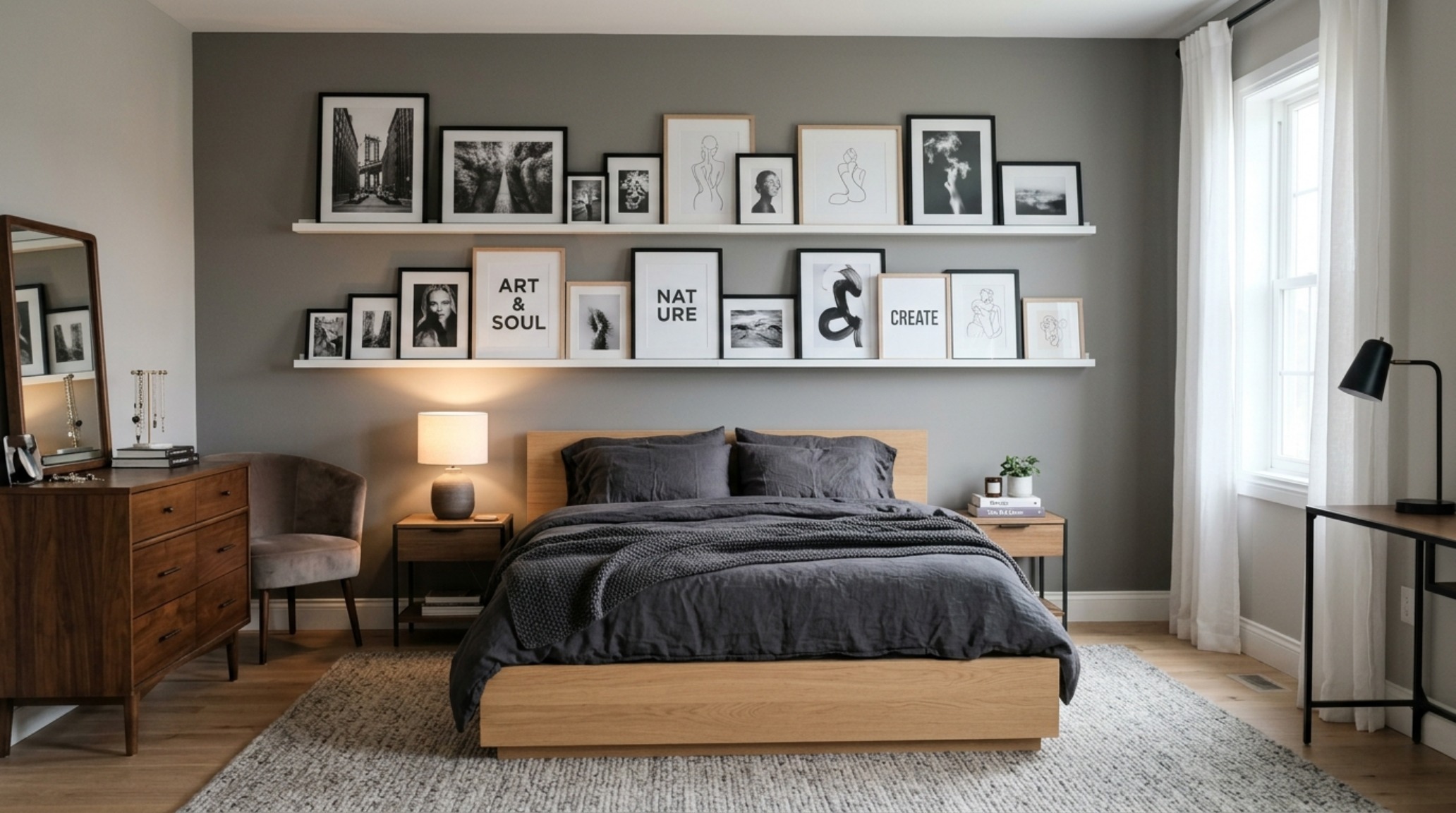 aesthetic bedroom for teens with a high-end gallery wall on integrated picture ledges and layered organic textures in neutral tones. aesthetic bedroom for teens with a high-end gallery wall on integrated picture ledges and layered organic textures in neutral tones.