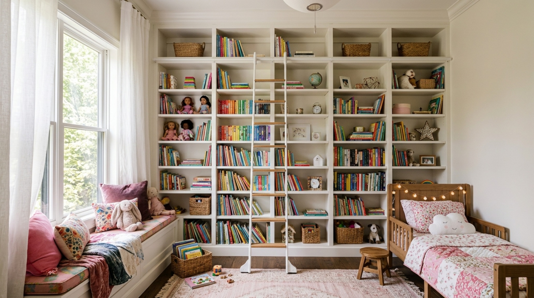 small bedroom ideas for girls utilizing a floor-to-ceiling library ladder and high-mounted sheer linen drapery to emphasize ceiling height. small bedroom ideas for girls utilizing a floor-to-ceiling library ladder and high-mounted sheer linen drapery to emphasize ceiling height.