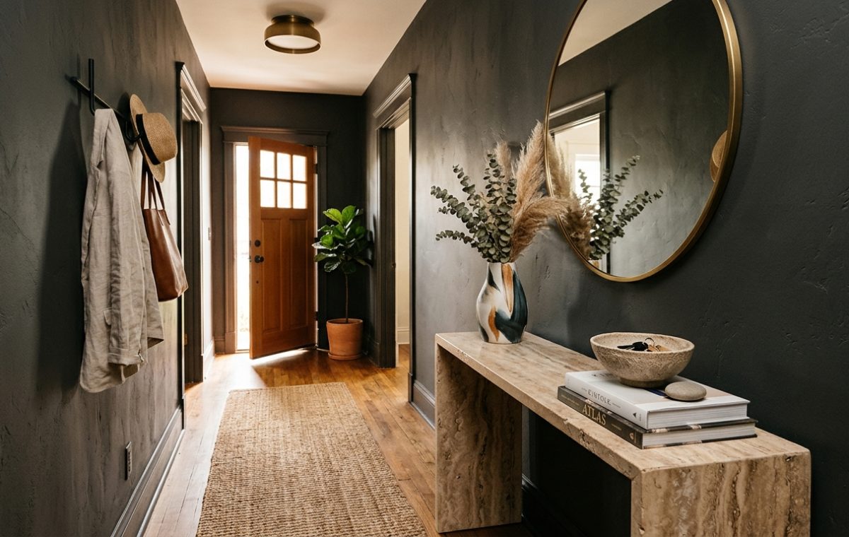 A hero shot of a narrow entryway featuring a slim 10-inch honed travertine console against a dark Benjamin Moore Iron Mountain wall with warm 2700K lighting.